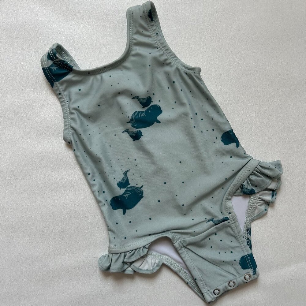 kate quinn Light Sage One-Piece Swimsuit with Teal Whale Print